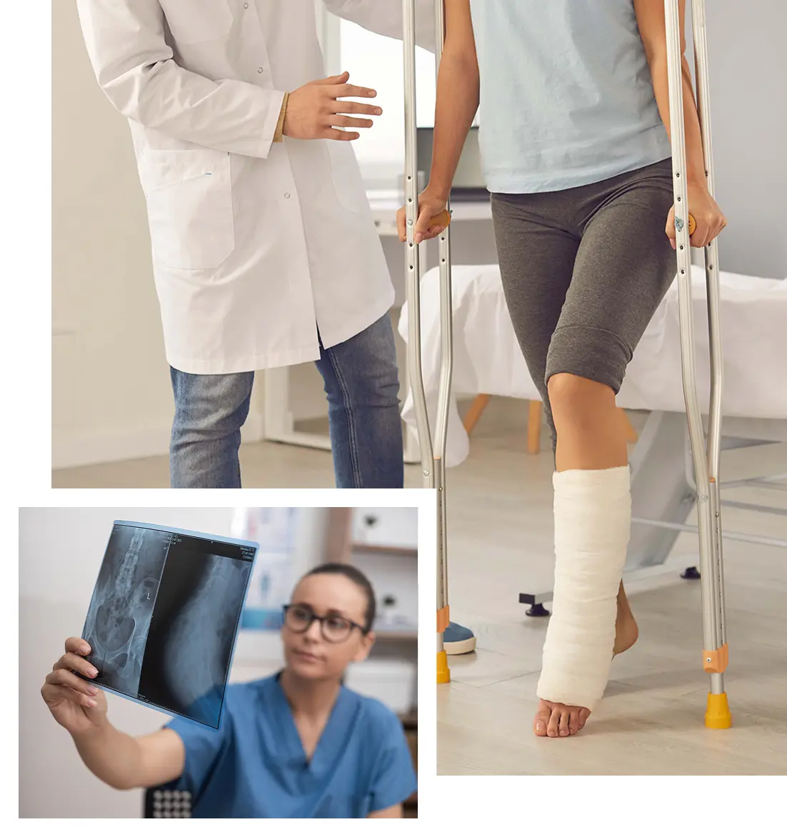 photo collage of doctor reviewing medical scan and doctor helping person on crutches walk