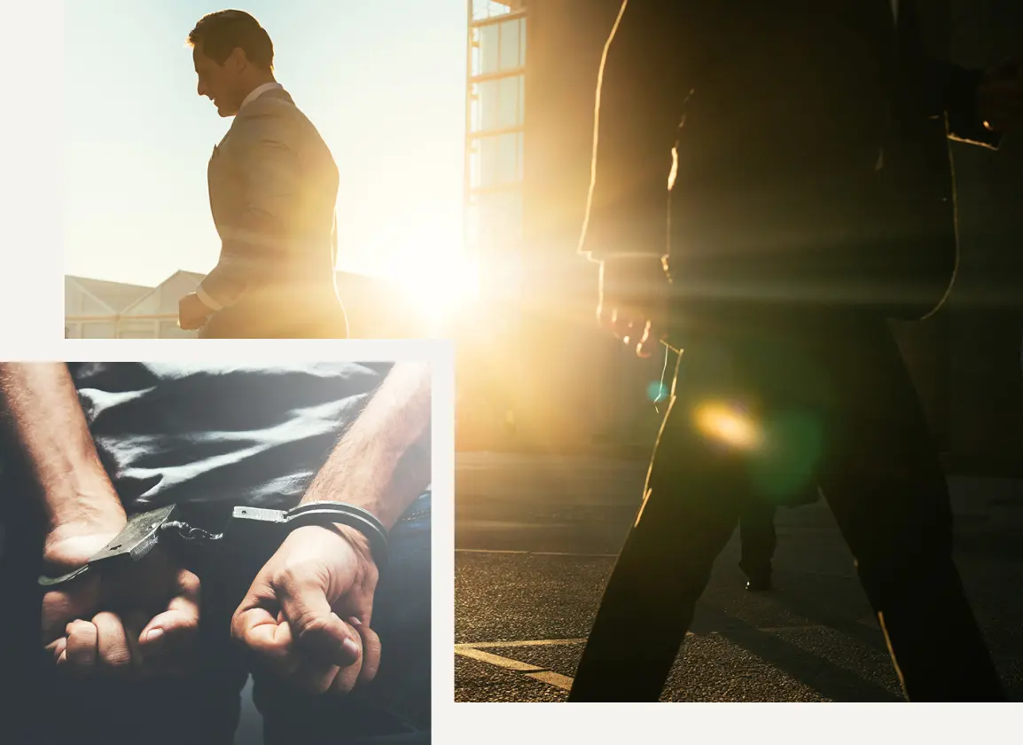 photo collage of men in suits walking away and man in handcuffs