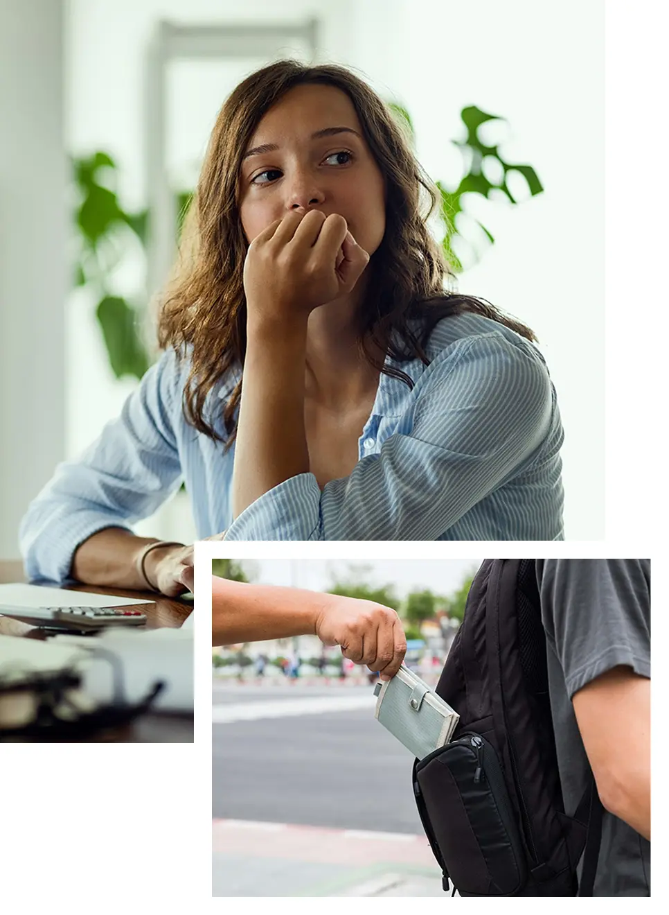 photo collage of woman deep in thought and a pickpocket pulling a wallet from a bag