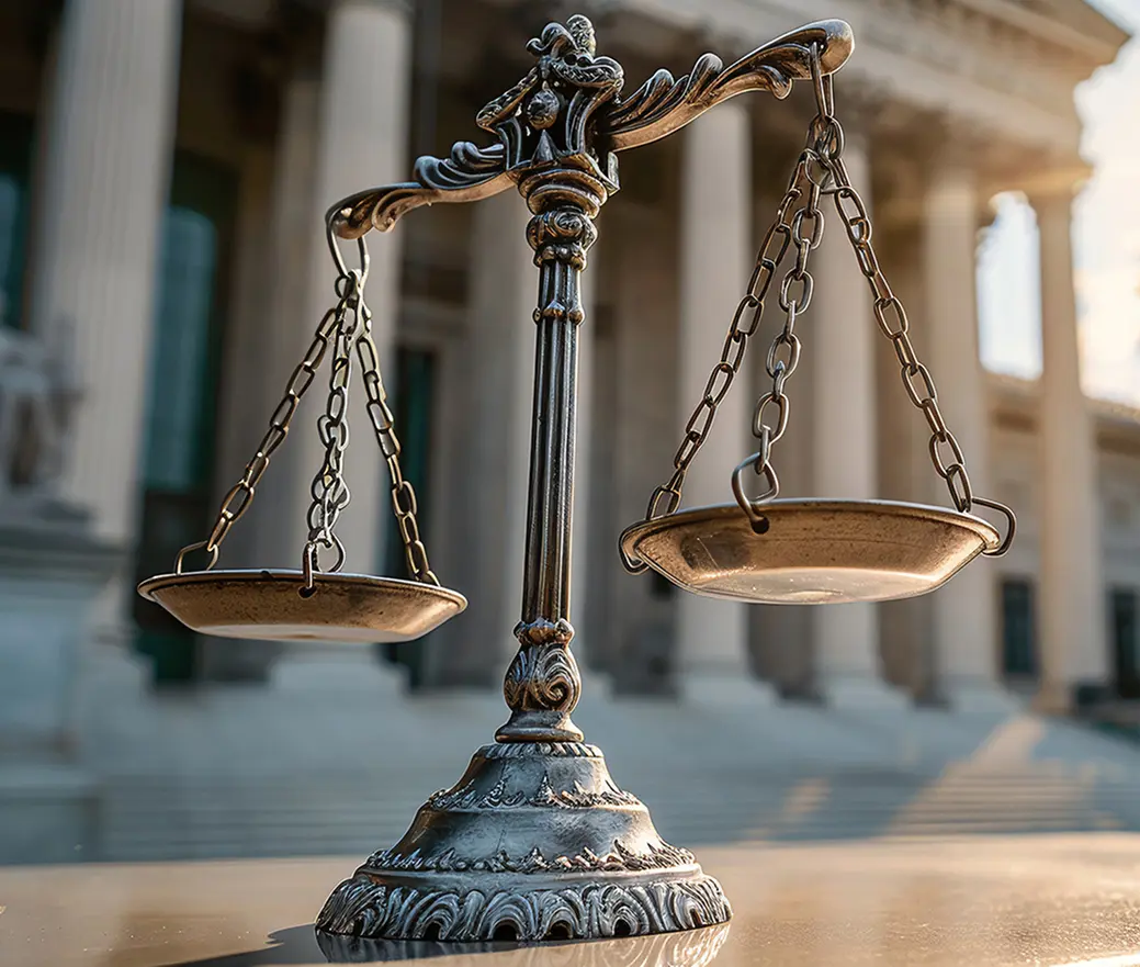 scales of justice in front of a courthouse