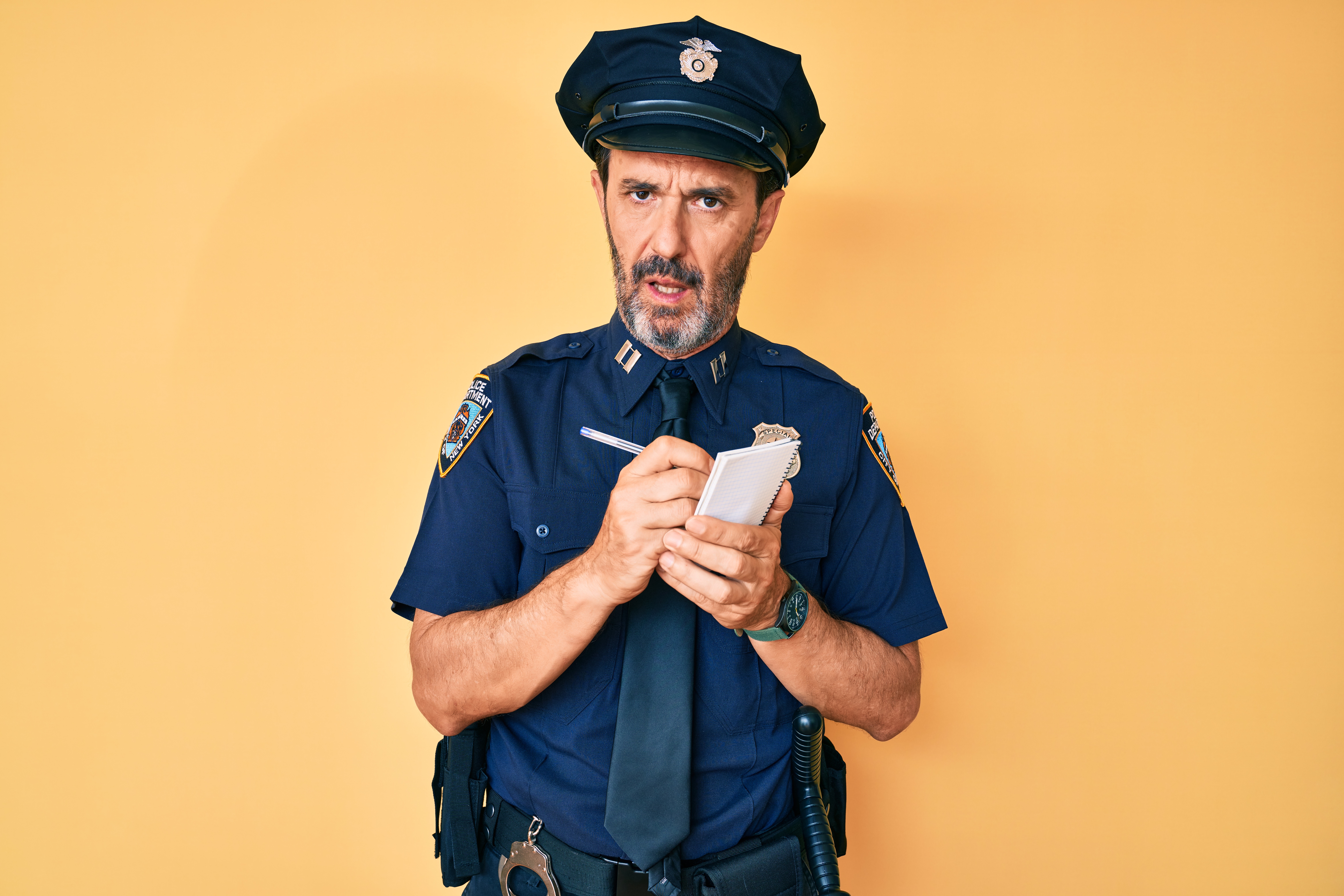 Middle age hispanic man wearing police uniform writing traffic fine in shock face, looking skeptical and sarcastic, surprised with open mouth